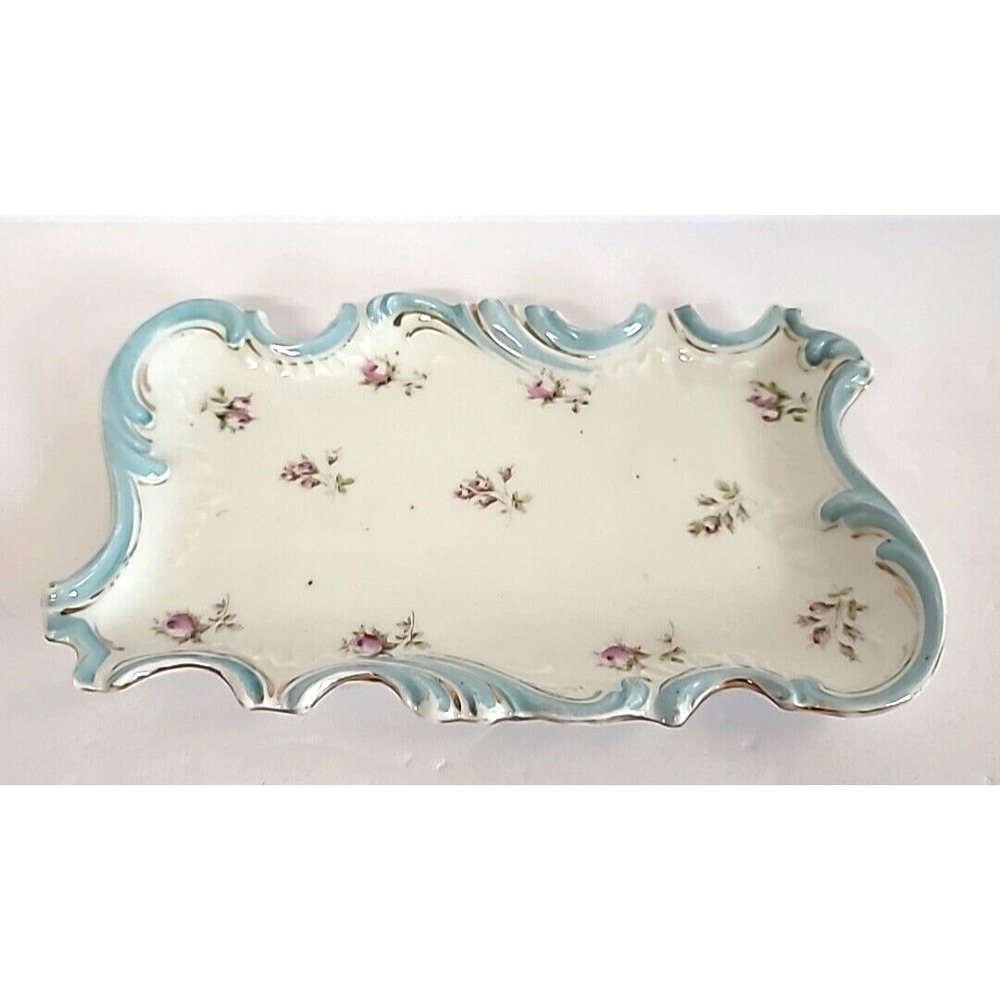 Vintage German Porcelain Tray Design of Small Purple Flowers w/ Blue & Gold Trim